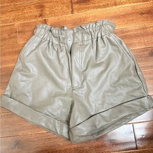 Abercrombie & Fitch Olive Green Faux Leather Paperbag High-Waist Shorts